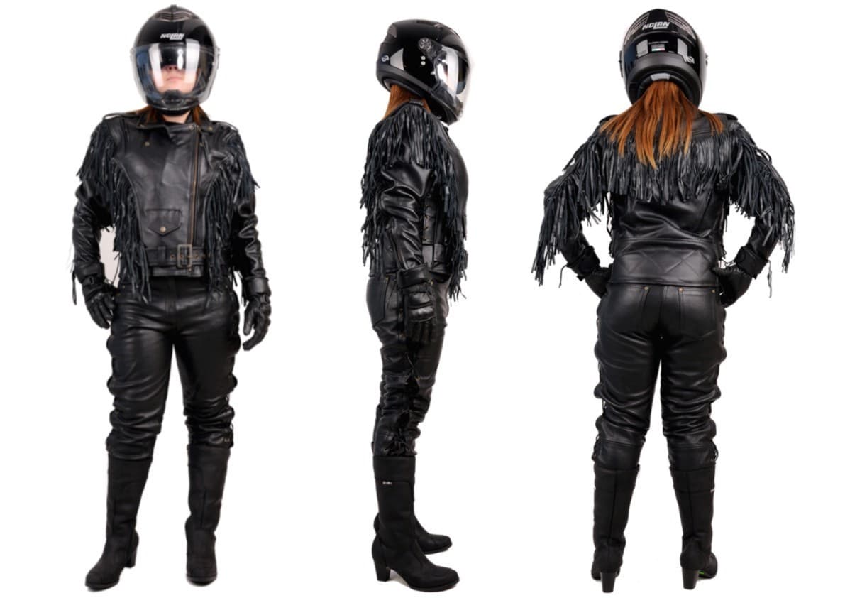 KOMBINEZON MOTOCYKLOWY SKÓRZANY DAMSKI KLASYCZNY Z FRĘDZLAMI CHOPPER/CRUISER KOM040
