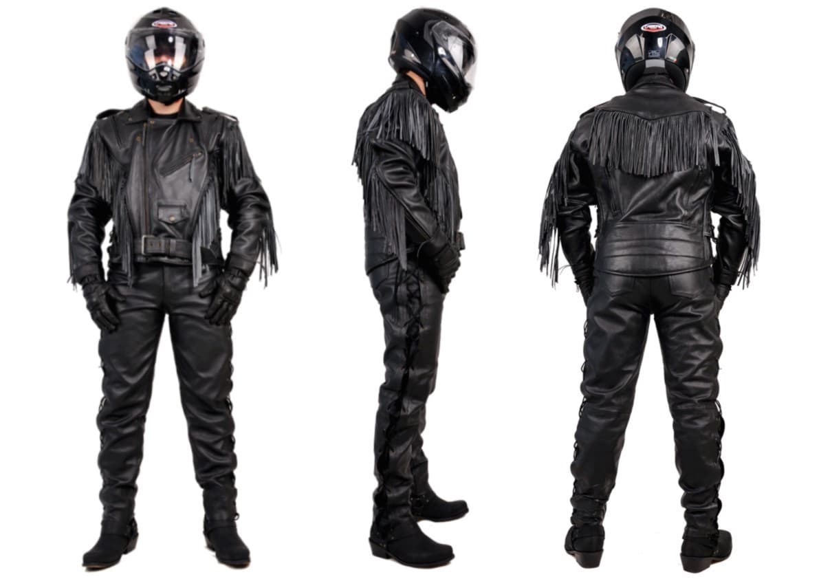 KLASYCZNY KOMPLET SKÓRZANY RAMONESKA Z FRĘDZLAMI + SPODNIE WIĄZANE CHOPPER, CLASSIC, CUSTOM, CRUISER. KOM041