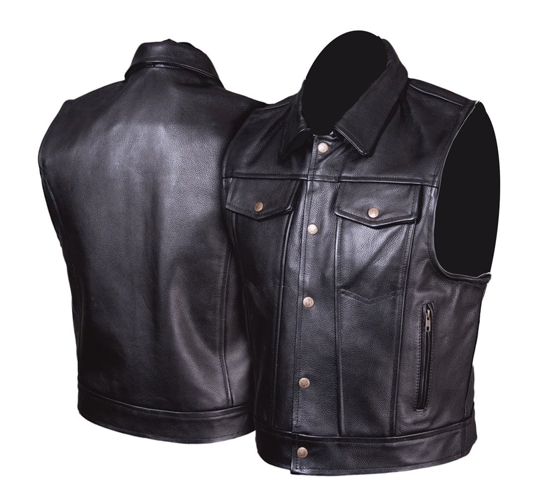 KAMIZELKA MOTOCYKLOWA SKÓRZANA Z KOŁNIERZEM KM007