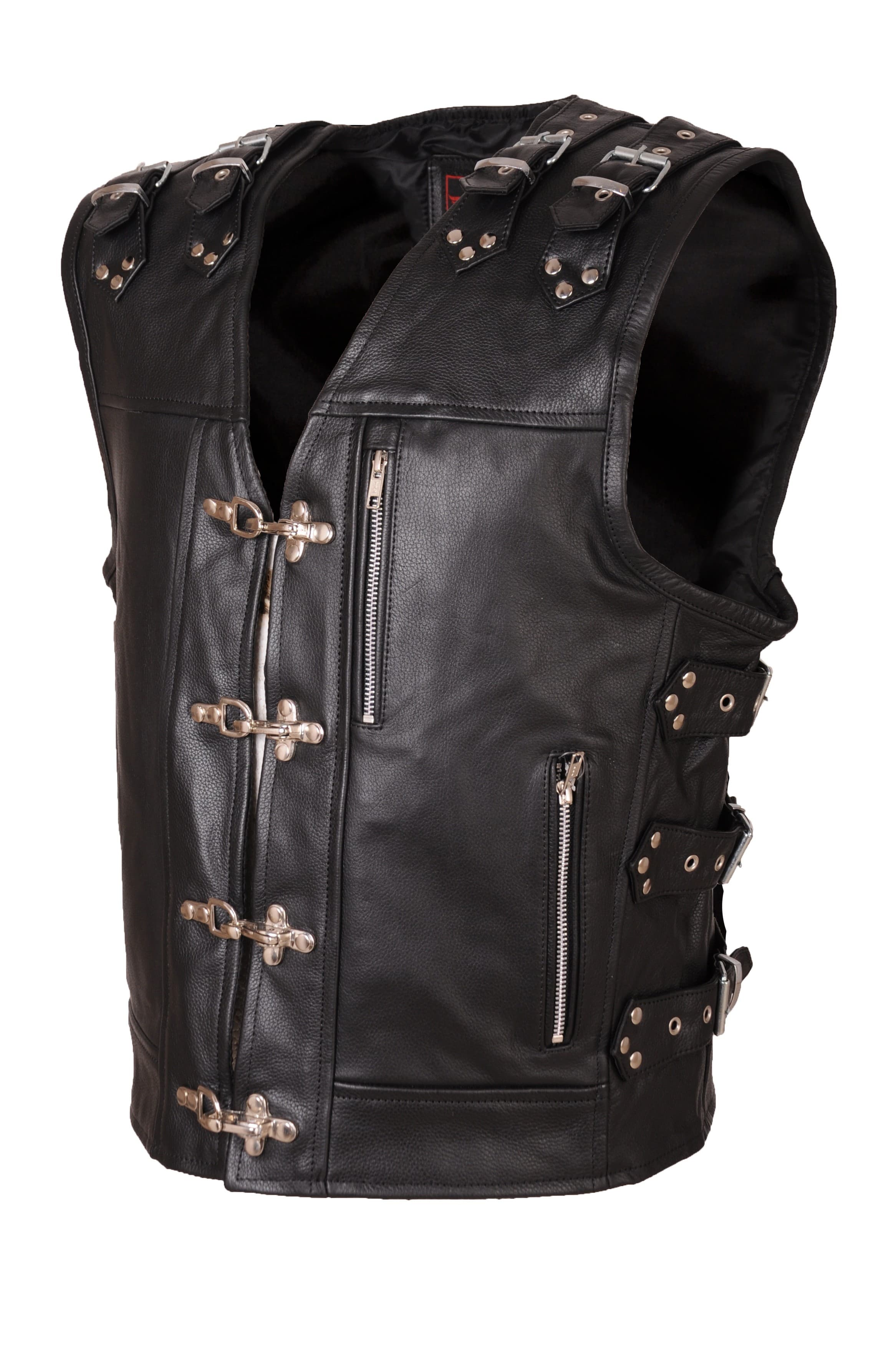 KAMIZELKA MOTOCYKLOWA SKÓRZANA Z KLAMRAMI I PASKAMI KM019